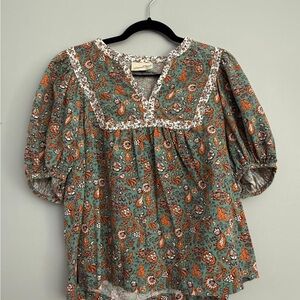 Universal Thread Teal and Orange Floral puff sleeve Blouse